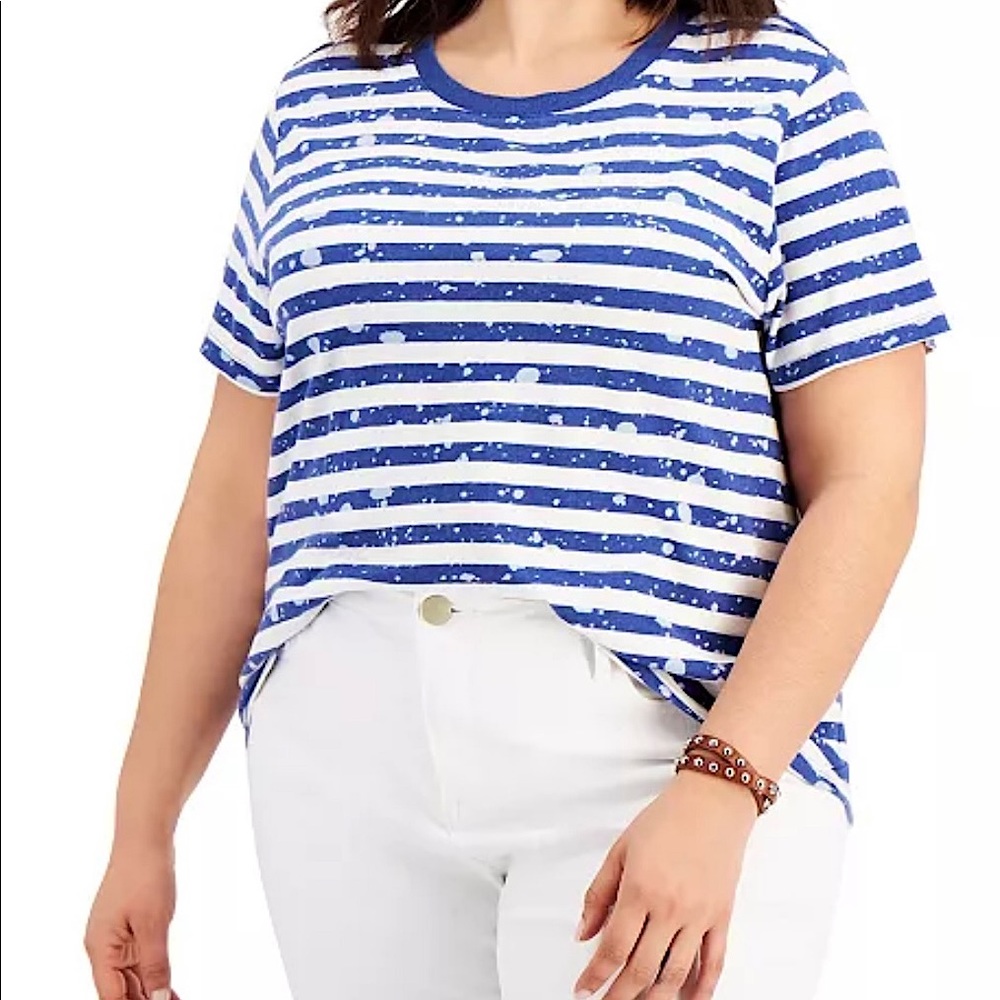 Style & Co Cotton Printed-Stripe Top
Size: XL
Color: Blue Splatter Stripe